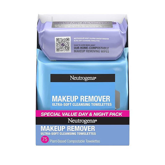 Neutrogena Day & Night Wipes, Makeup Remover Face Cleansing Towelettes & Night Calming Facial Cloths, 100% Plant Based Fibers Wipe Away Dirt, Alcohol-Free, 3 Packs of 25 ct, 75 ct-VeraVaultWomen