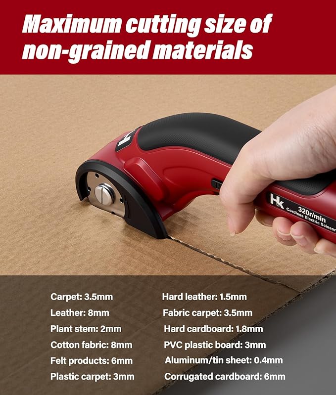 HK Cordless Electric Scissors, Rechargeable Cardboard Cutter, 4V Upgrade Motor Electric Box Cutter with 2 Blades & Safety Lock, Powerful Cutting for Cardboard Box, Plastic, Leather