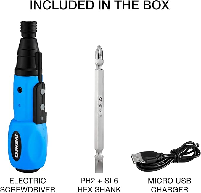 NEIKO 10577A Cordless Power Screwdriver | 1/4” Hex Auto-Lock Safety Chuck | Includes Phillips and Flathead Bit | USB Rechargeable Lithium-Ion Technology | Auto and Manual Mode