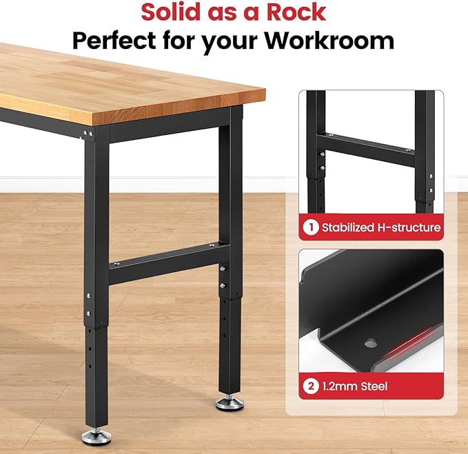 Work Bench for Garage Workbench Adjustable Height Work Table for Shop Woodworking, 60x 22 Heavy Duty Rubber Wood Top for Office, Home, Commercial