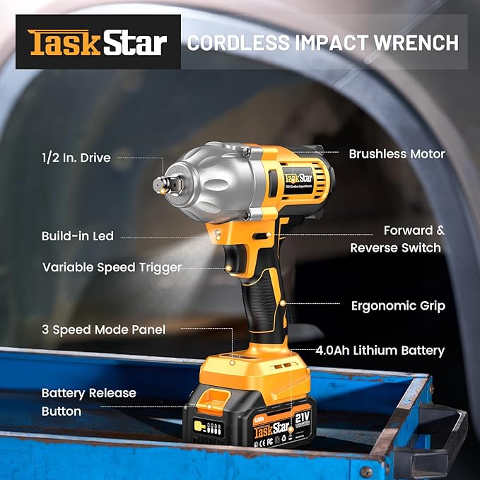 Cordless Impact Wrench 740 Ft-lbs(1000N.m) 3300RPM High Torque 1/2 Inch Impact Gun, Electric Impact Driver, Brushless Motor, 2x4.0Ah Battery Fast Charger for Car Tires Truck Mower