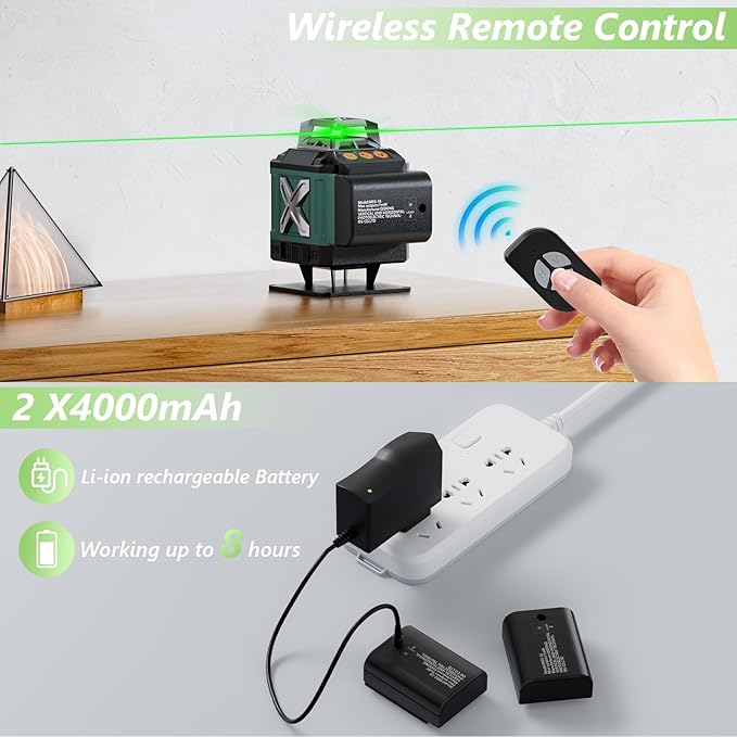 16 Line Laser Level, 4x360° Green Laser Line Self-Leveling Tool, Upgraded IP65 Metal Housing, Lazer Leveler Tool for Construction and Hanging Pictures, 2 Batteries & Remote Control
