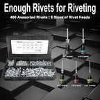 Rivet Gun Kit, Pop Rivet Gun Tool with 400 Rivets & 5 Nosepieces, 80 Pcs Aluminum Rivets for Each Rivet Head Size, 9.5'' Heavy Duty Manual Two-Handed Riveter Tool for Metal, Leather and Plastic, IM20