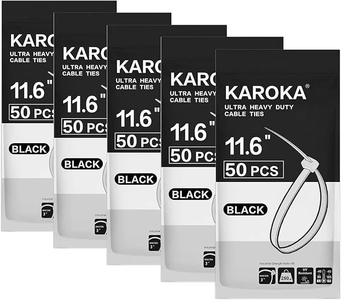 Zip Ties Heavy Duty with 250 Pounds Tensile Strength, 11.6", Black, Heavy Duty Cable ties, 250 Pieces,by Karoka