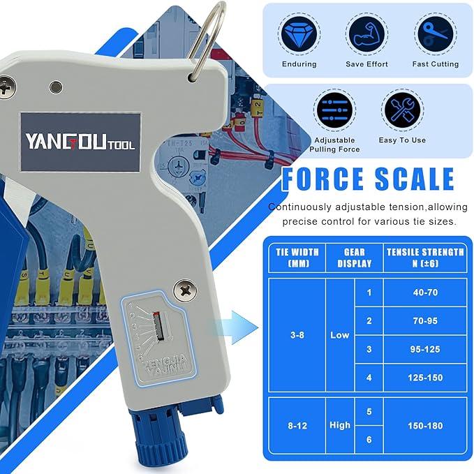 Yangoutool Zip Tie Tool – Continuously Adjustable Cable Tie Gun for Fastening and Cutting Nylon Zip Ties - Fit 4mm to 12mm Wide, 1mm to 2mm Thick Nylon Ties