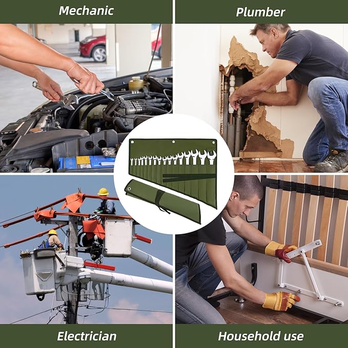 Wrench Roll Organizer 16 Pockets, Wrench Pouch Roll Up with Water Proof Oxford Cloth, Tool Roll Bag for Wrenches Organization, Green