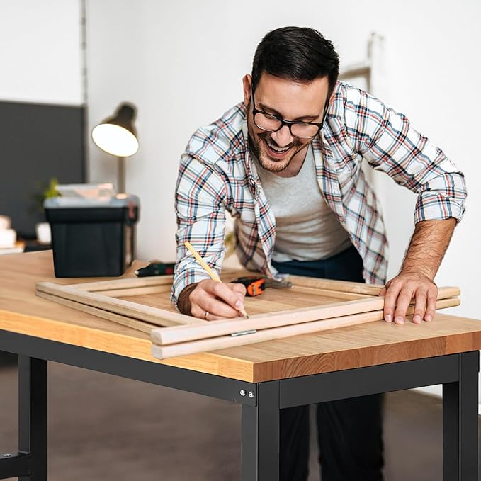 Work Bench for Garage Workbench Adjustable Height Work Table for Shop Woodworking, 60x 22 Heavy Duty Rubber Wood Top for Office, Home, Commercial