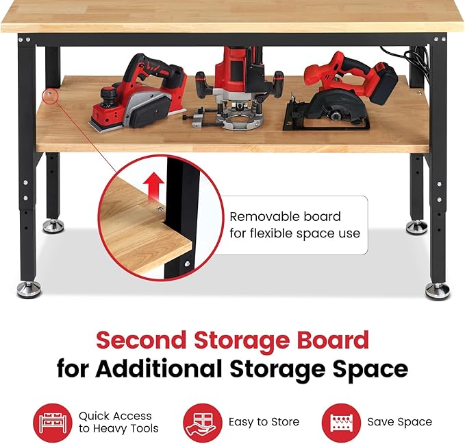 Adjustable Height Work Bench 60x 22 Workbench for Garage Work Table with Under Table Shelf for Shop Woodworking, Heavy Duty Rubber Wood Top for Office, Home, Commercial