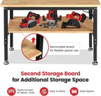 Adjustable Height Work Bench 60x 22 Workbench for Garage Work Table with Under Table Shelf for Shop Woodworking, Heavy Duty Rubber Wood Top for Office, Home, Commercial