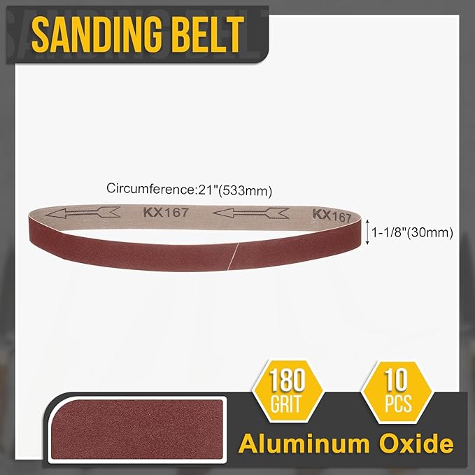1-1/8 x 21 Inch Sanding Belt, 10 Pcs 180 Grit Knife Sharpener Belts Work Sharpening for Belt Sander Knife Carving Tool Metal Working