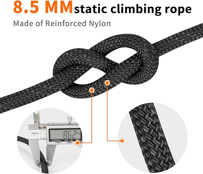 AOLEBA 8.5mm Static Climbing Rope, Outdoor Rock Climbing Ropes, Heavy Duty Rappelling Rope for Fire Rescue, Escape, 10M(32Ft) 20M(64Ft) 30M(96Ft) Ice Climbing Equipment & Parachute Accessories