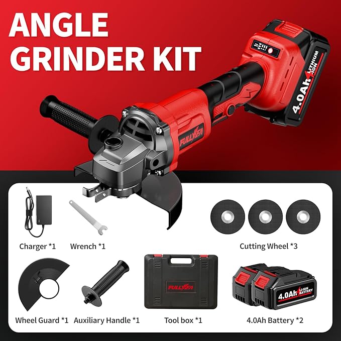 Cordless Angle Grinder Kit, 4-1/2" Power Angle Grinders with 2 * 4.0Ah Battery & 12000RPM Brushless Motor, Metal Grinder with Cutting Wheels, Electric Grinder Tool Set for Cutting, Grinding