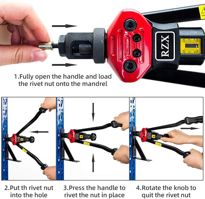 RZX 16" RIVET NUT TOOL Hand Blind Riveter,RIVNUT Riveting Tools with Nut Setting System M3 M4 M5,m6,m8,m10 M12, 10-24, 1/4-20, 5/16-18,3/8-16,totally 11 mandrels+110PCS Rivets Nuts (17" RIVET GUN)