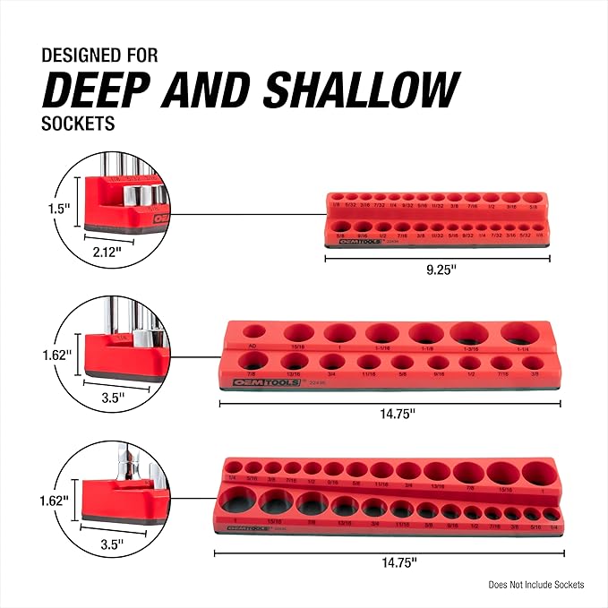 OEMTOOLS 22484 3 Piece SAE Magnetic Socket Tray Set, Magnetic Socket Organizers for Toolboxes, Rubberized Base, Holds Up To 68 Sockets, Red Socket Holder