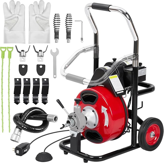 75 FT x 1/2 Inch Drain Cleaner Machine with 370W Motor, Auto Feed Sewer Snake Auger with 8 Cutters & Air-activated Foot Switch, Semi-Enclosed Drum Drain Cleaning Tool for 2" to 4" Pipes