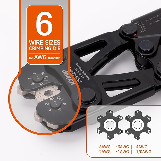 iCrimp Battery Cable Lug Crimping Tool Kit for 8-1/0 AWG - 63pcs Copper Lugs & 25pcs Heat Shrink Tubes, Wire Cutter & Stripper