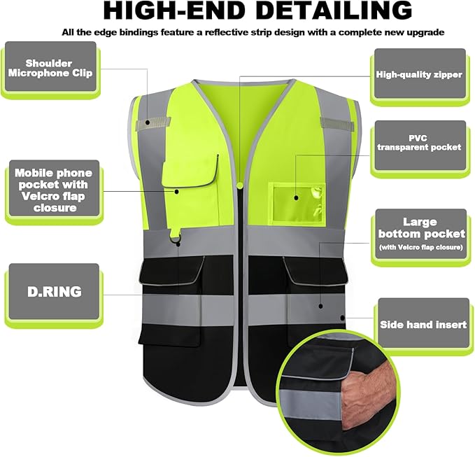 BeautyWill Custom Safety Vest Customized Logo Class 2 High Visibility Reflective Vest with Pockets Construction workwear