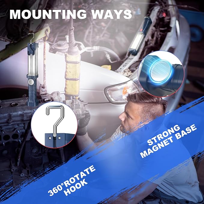 WARSUN LED Work Light Rechargeable, Portable Mechanic Trouble Light with1200 Lumens, COB worklight Magnetic Base, Cordless Floodlight for Car Repair, Camping, Hiking, 30w