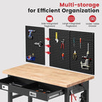 Workbench for Garage with Drawers 48 x 24 Inch Rubberwood Tabletop Work Table with Pegboard, Power Outlets Adjustable Height Work Bench for Woodworking Shop, Home, Office
