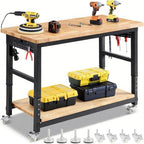 Work Bench with Double Layers 60 x 22 Inch Heavy Duty Rubberwood Tabletop Work Table Adjustable Height Workbench with Wheels, Sided Pegboard, Power Outlets for Garage Home Office