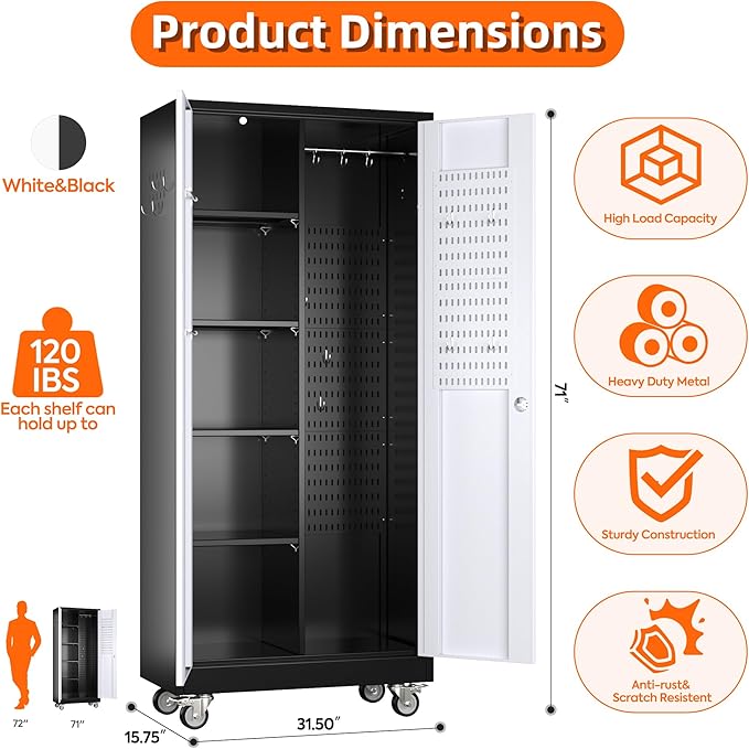 71" H Broom Storage Cabinet with Wheels and Doors,Rolling Tool Cabinet with Pegboard,Shelves and Rod for Garage Warehouse Home,Required Assembly,Black and White