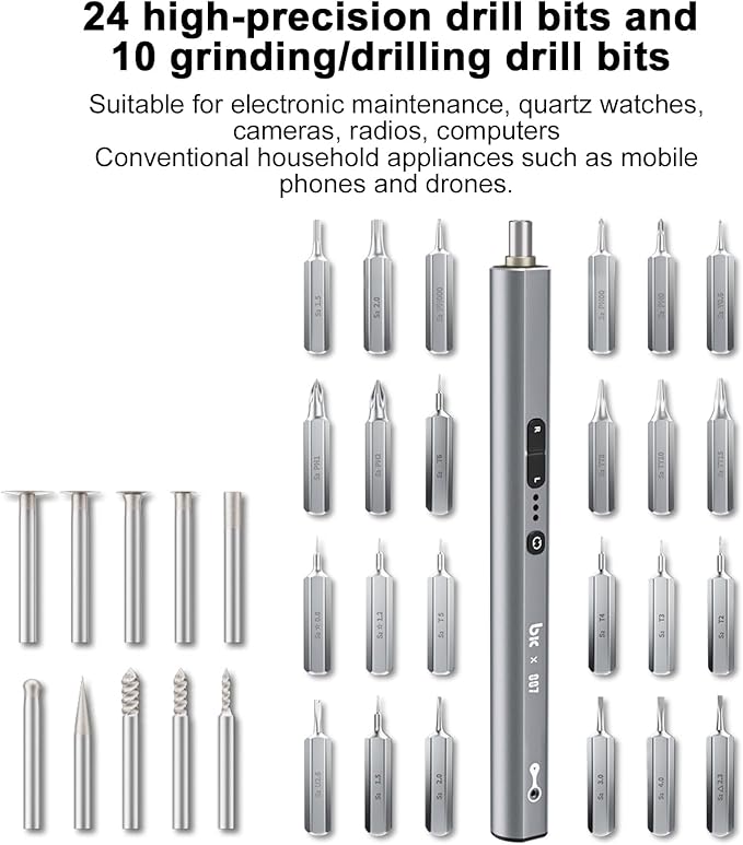 Precision Electric Screwdriver Kit, Mini Cordless Electric Rotary Drill Tool Set with Led Light 3 Torque 34 Magnetic Bits, for Repair, Sanding, Polishing, Drilling, Carving, DIY Crafts