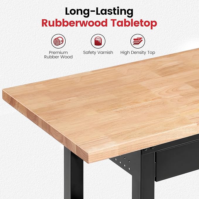 Work Bench with Shelf Bracket 60 Inch Heavy Duty Rubberwood Tabletop Workbench for Garage Adjustable Height Work Table with Drawers, Power Outlets for Woodworking, Home, Office, Workshop