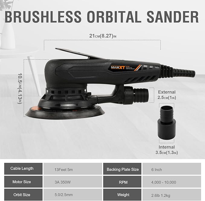 MAXXT Electric 5mm Random Orbital Sander Brushless 350W 3A Multi-function Variable Speed Electric Corded Orbital Sanders Machine with 10 Sanding Paper for Woodworking (R7303-5.0mmOrbit)
