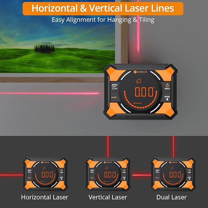 Neoteck Digital Angle Finder with Dual Laser (Class 2 Laser, 1mW Power Output) 4x90/2x180°Angle Gauge with LED Display and Data Hold USB Charging Level Box with Bottom and Back Strong Magnetic
