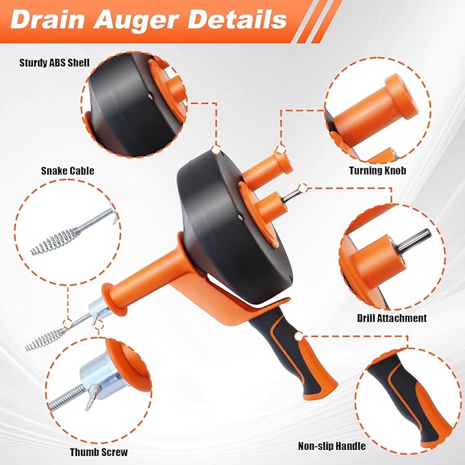 25FT Drain Snake with Drill Adapter, Drain Auger Clog Remover Tool for Sink, Shower, Kitchen, Bathroom & Sewer, Hair Clog Removal with Gloves, Manual or Powered Use