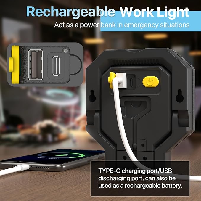 HYPERLITE Rechargeable Work Light: 1pack 20W 2000Lumens Magnetic Work Light - Hanging Hook Folding Bracket LED Work Light Job Site Lighting for Car Repairing Camping Working Hurricane