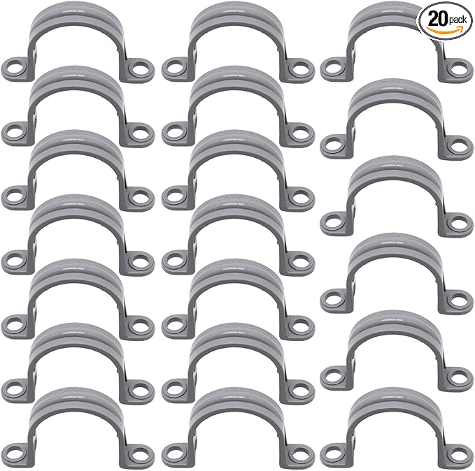 1-1/4 Inch PVC Pipe Strap, 2-Holes Conduit Pipe Clamps Plastic Pipe Supports (Grey, 20 Pcs)