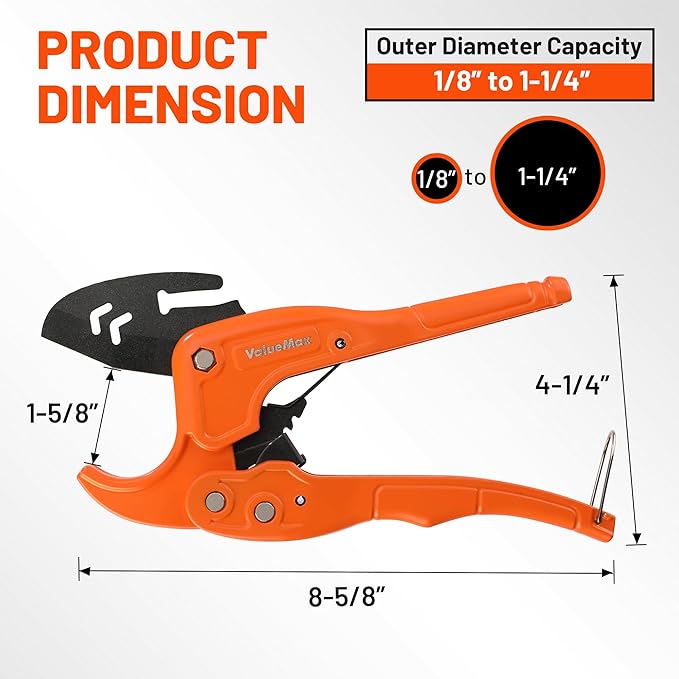 ValueMax PVC Pipe Cutter, Cuts up to 1-1/4", SK5 Blade PVC Cutter Tool, Ratcheting PVC Cutter, Pipe Cutter for PVC, PEX, PPR, Plastic Pipes