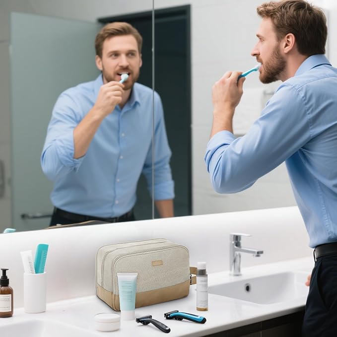 WANDF Travel Toiletry Bag for Men Large Toiletries Shaving Bag Water Resistant Hanging Dopp Kit Travel Accessories Bag for Women Men (Beige Gray)