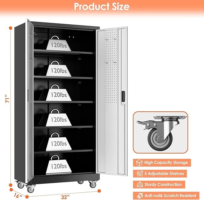 Aobabo 71" H×32" W×16" D Metal Storage Cabinet with Wheels, Garage Steel Storage Cabinet with 5 Adjustable Shelves and 4 Hooks for Home Office,Kitchen, Black Silver,Assembly Required