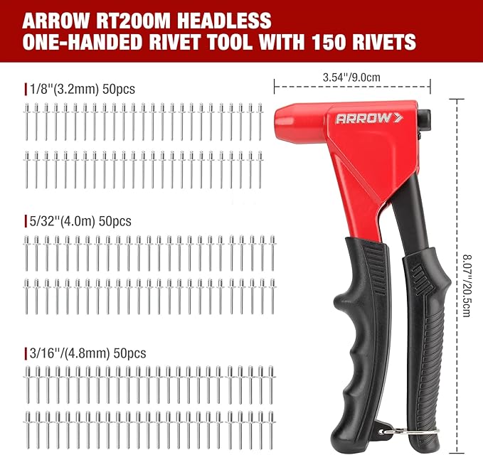 Arrow 3-in-1 Rivet Gun, One-Handed Headless Pop Rivet Gun Kit with 150Pcs Rivets, Professional Manual Heavy Duty Rivet Gun Kit Without Head Change, for Metal, Wood and Plastic