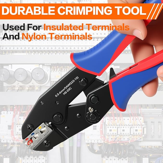 Wire Crimping Tool for Insulated Electrical Connectors- AWG 22-10 Ratchet Wire Crimper Tool- Racheting Wire Crimps for Insulated Connectors and Terminals