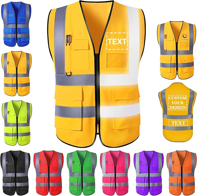 Custom Safety Vest for Men with Logo Pockets Personalized High Visibility Protective Workwear with Reflective Strip
