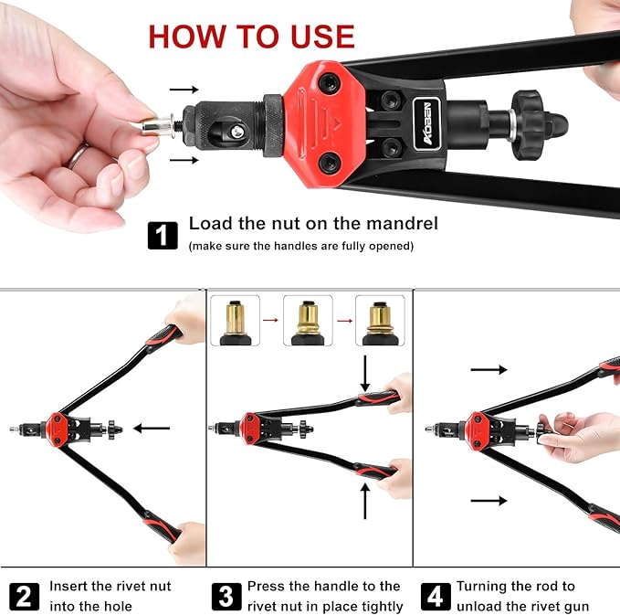 AOBEN 16" Rivet Nut Tool, Professional Hand Rivet Nut Setter Kit with 12 Interchangeable Metric & SAE Mandrels, 145Pcs Rivnuts and Rugged Carrying Case