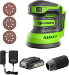 Greenworks 24V Cordless Orbital Sander, 5" Random Sanders Variable Speed, 11000 OPM, 3 Sandpaper Sheets, with 2Ah Battery and Charger