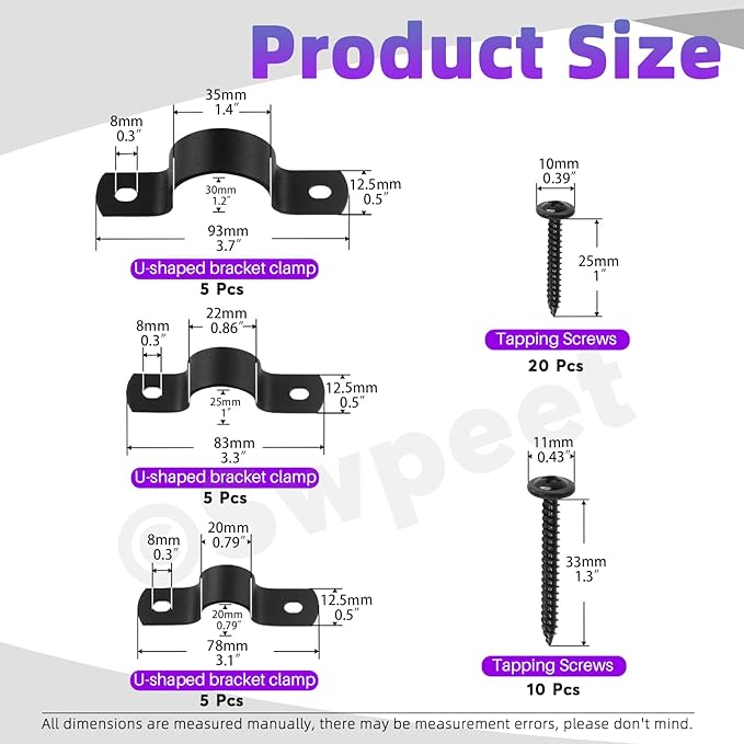 Swpeet 45Pcs 3 Sizes 15mm 20mm 25mm Two Hole U Bracket Clamp with Screws Assortment Kit, U-Clamps, Metal Pipe Clamps, Pipe Strap Clamps, Conduit Tension Clips for Fixing Pipe or Cable