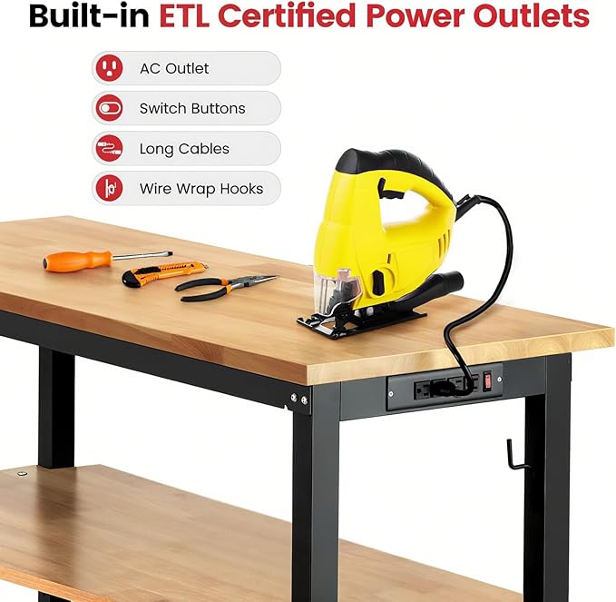 Work Table for Garage 60 x 22 Inch Adjustable Height Workbench Heavy Duty Rubberwood Tabletop Work Bench with Power Outlets Pegboard Pad for Woodworking Shop, Home, Office