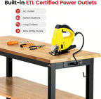 Workbench with Double Layers 48 x 20 Inch Heavy Duty Rubberwood Tabletop Work Table for Garage Adjustable Height Work Bench with Power Outlets Pegboard Pad for Woodworking Shop, Home, Office