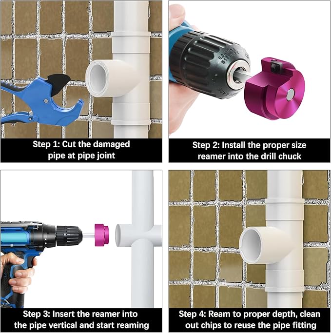 4 Pcs PVC Reamer Kit,Fitting Saver PVC Pipe Reamer Socket Saver Set for Plumbing,Includes 1-1/2 Inch 2 Inch 3 Inch 4 Inch,Plastic Pipe Reamers Tool Kit for Sch.40 CPVC ABS Fittings,Fit for 1/2" Drills