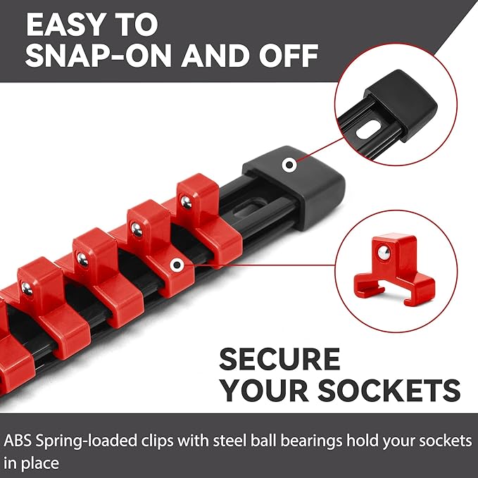 ALOANES 6 PC ABS Socket Organizer, 3/8 inch, Drive Socket Rail Holders, Heavy Duty Socket Racks, Black Rails with Red Clips