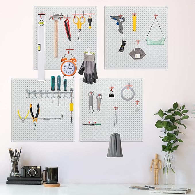 Pegboard Rack Garage Storage Steel Horizontal Peg Board Pack,Steel Pegboard Heavy Duty- 4 Pack 16-Inch X 16-Inch Metal Peg Board Tool Organization Panels(White)