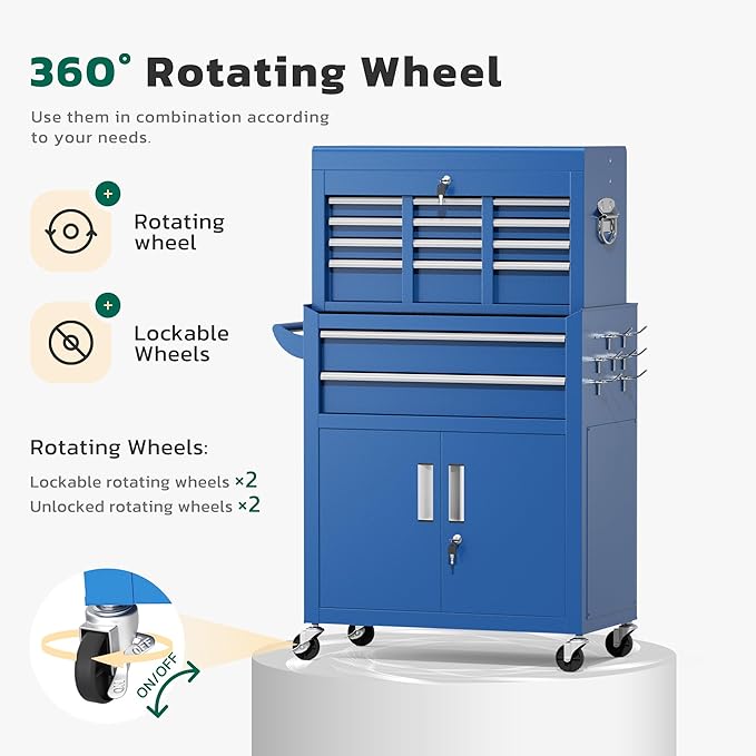 Greenvelly Tool Chest, 8-Drawer Rolling Tool Chest with Hooks and Lockable Wheels,Metal Storage Detachable Top Tool Box with Lockable Wheels for Garage,Workshop,Art Studio(Blue)