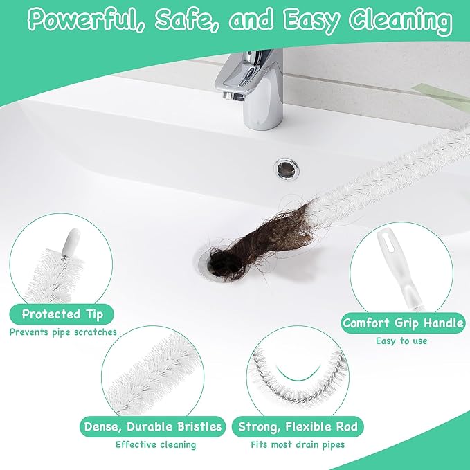 20PCS Drain Clog Remover Tool Set – 59” Drain Snake (2), 37” Snake Drain Hair Removal Tool (2), 25” Plumbing Snake (4), 24” Sink Snake (1), 18” Sink Drain Cleaner Tool (1), Straw Cleaning Brushes (10)