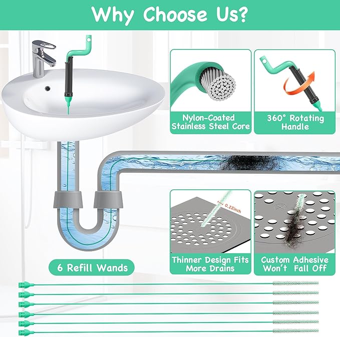 Drain Clog Remover Tool – 30”Anti-break Steel Sink Snake Hair Drain Cleaner Tool, Plumbing Snake with Rotating Handle & 6 Refills, Drain Hair Remover for Shower, Toilet, Kitchen Sink, Bathtub. 6-Pack