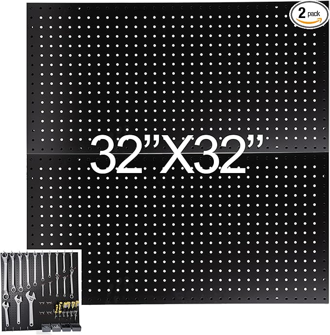 Peg Board, Metal Pegboard Wall Organizer Control, Black Pegboard for Walls Peg Board Tool Organization, Steel Pegboard Tool Board for Garage Wall Mount 2 Pcs 32x16 Inch, Metal Pegboard Panels